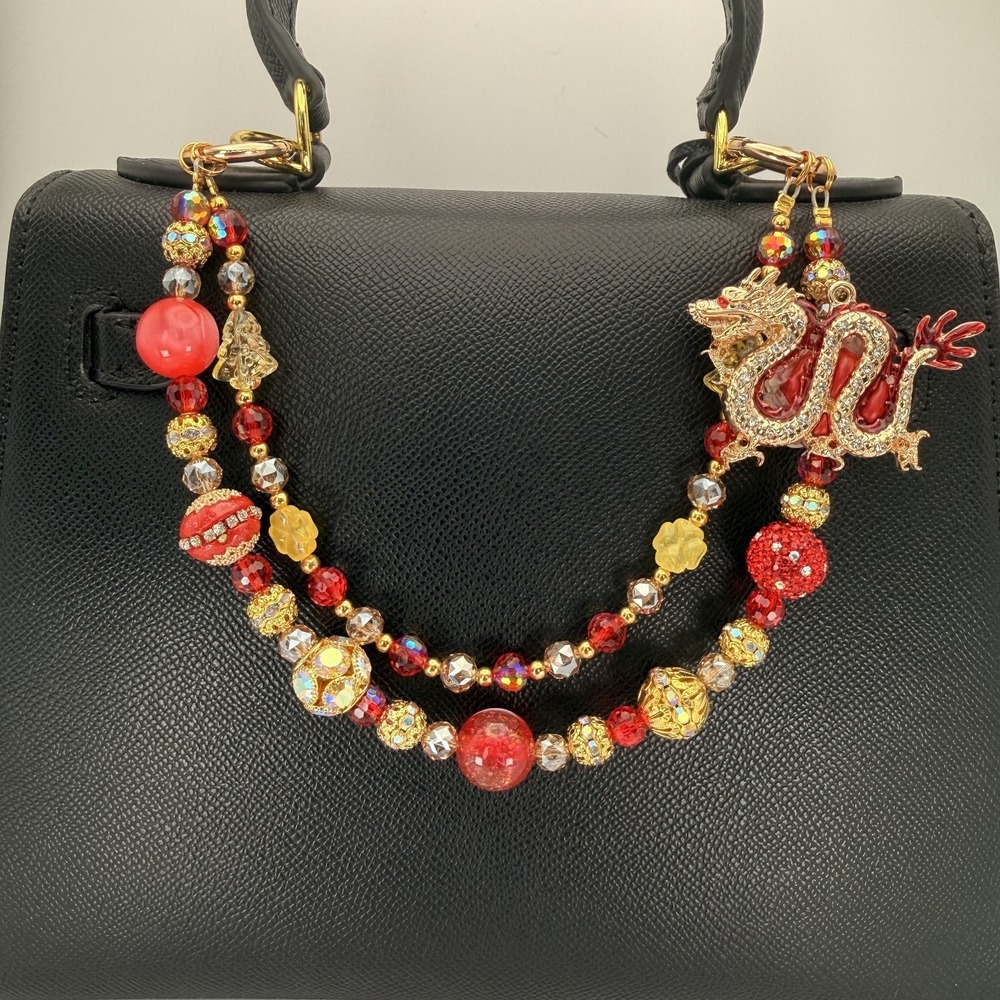 Chinese Dragon Purse Chain Bag Charm Crystal Beaded Rhinestone Handbag Accessory